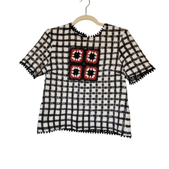 Endless Rose Black White Checkered Crochet Accent Top Sz S NWOT Retro Mod Stylec - Picture 2 of 6
